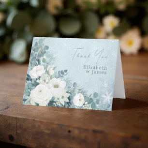 Tarjeta De Agradecimiento Rosas Blancas Hellebores Eucalipto Plateado Boda