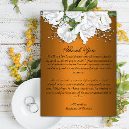 Tarjeta De Agradecimiento Rosas blancas y Boda de Naranjas metálicos