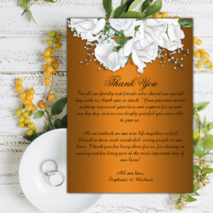 Tarjeta De Agradecimiento Rosas blancas y Boda de Naranjas metálicos