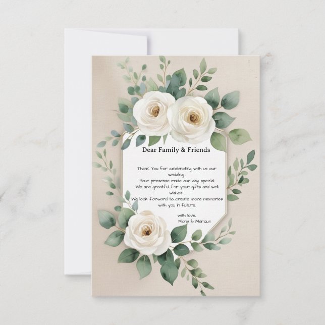 Tarjeta De Agradecimiento Rosas blancas y elegante verde Boda de Boho rústic (Anverso)