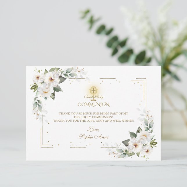 Tarjeta De Agradecimiento Rosas blancos salvajes Oro Primero Santa Comunión (Anverso de pie)