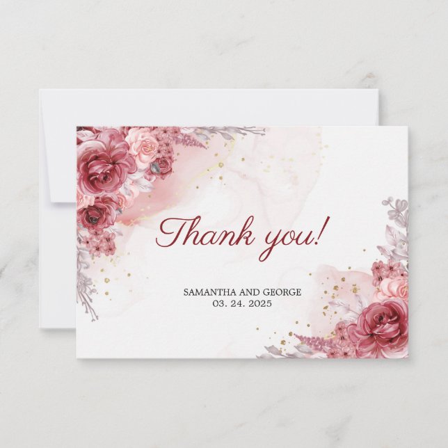 Tarjeta De Agradecimiento Rosas bohemios de Rubor borgoña se burlan de Boda  (Anverso)