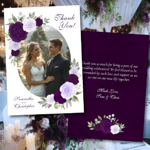 Tarjeta De Agradecimiento Rosas Boho Moradas Óvalo Foto Boda Elegante
