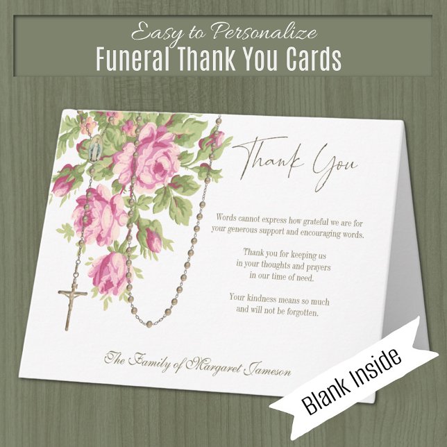 Tarjeta De Agradecimiento Rosas católicos Simpatía en el funeral de Rosary (Catholic Funeral Memorial Thank You Card)