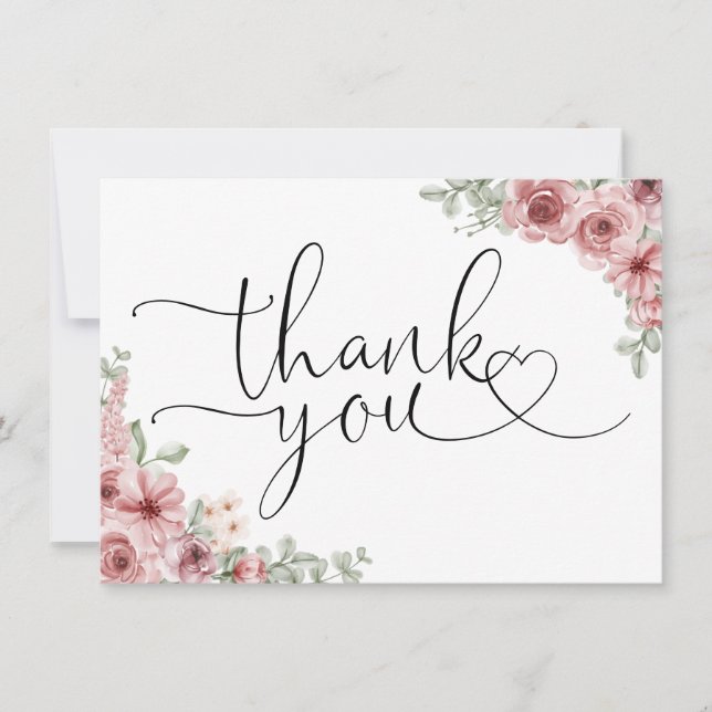 Tarjeta De Agradecimiento Rosas Corazón Floral Script Negro Y Blanco (Anverso)