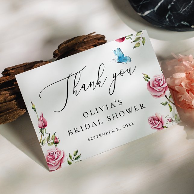 Tarjeta De Agradecimiento Rosas de acuarela Ducha de novia | Floral elegante (Subido por el creador)