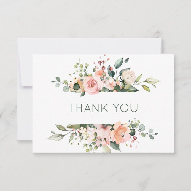 Tarjeta De Agradecimiento Rosas de albaricoque rosado y vegetación gracias (Anverso)