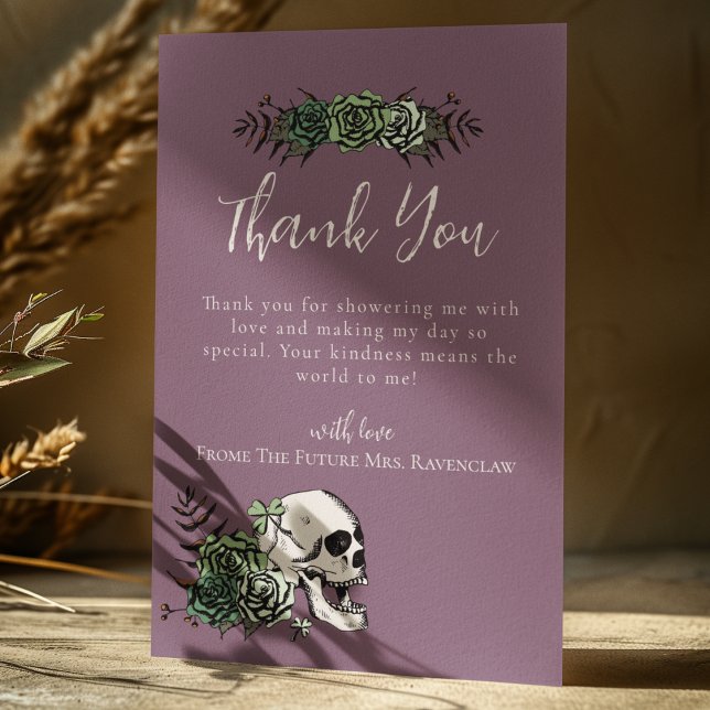 Tarjeta De Agradecimiento Rosas de cráneo morado floral ducha de novia gótic (Purple Irish Gothic Thank You Card for Bridal Shower or St. Patrick's Day. Hand Drawn Skull & Roses)