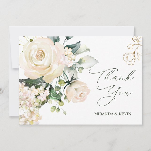 Tarjeta De Agradecimiento Rosas de crema blanca Hydrangea Boda Gracias (Anverso)