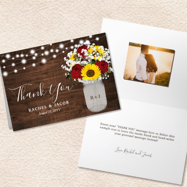 Tarjeta De Agradecimiento Rosas de girasoles rusos Jar Lights Boda de fotos (Rustic Sunflowers Roses Jar Lights Photo Wedding Thank You Card)
