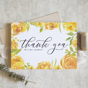 Tarjeta De Agradecimiento Rosas De Jardín Amarillas Acuarela Marco Boda
