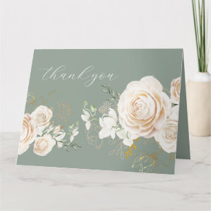 Tarjeta De Agradecimiento Rosas de jardín elegantes verde salvia boda dorada