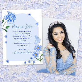 Tarjeta De Agradecimiento Rosas de la quinceañera azul y mariposas bebé