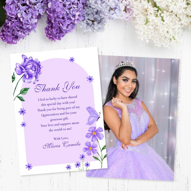 Tarjeta De Agradecimiento Rosas de la Quinceañera Púrpura y Mariposas Foto (Purple Quinceañera Floral Roses and Butterflies Thank You Card)