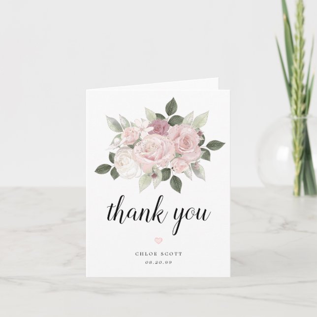 Tarjeta De Agradecimiento Rosas de malva blanca rosa con ducha de novia flor (Anverso)