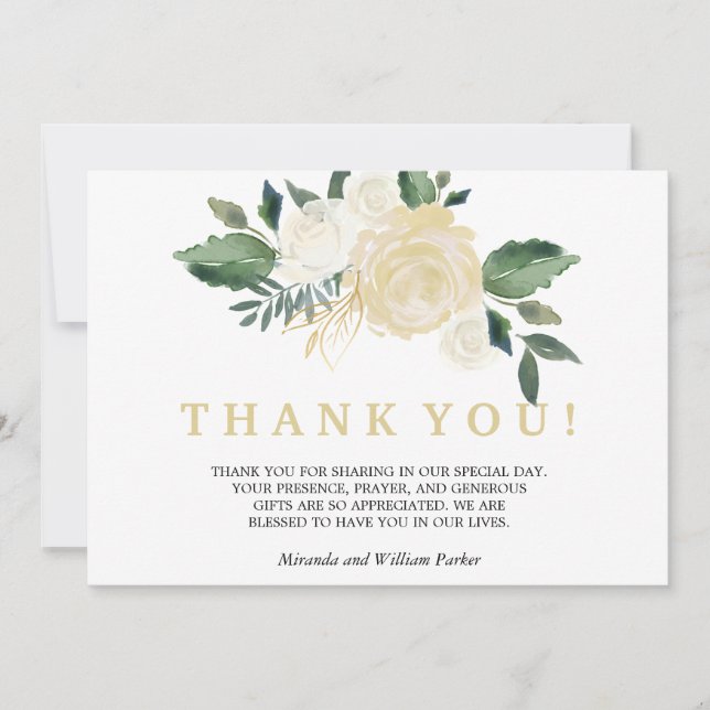 Tarjeta De Agradecimiento Rosas de Marfil - boda de ramos - Gracias. (Anverso)