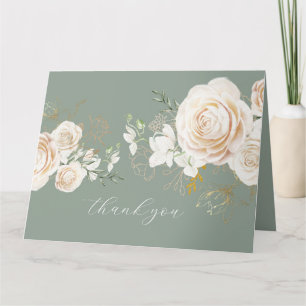 Tarjeta De Agradecimiento Rosas de marfil floral verde salvia dorado boda el