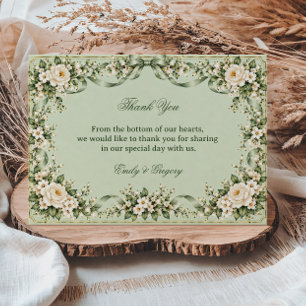 Tarjeta De Agradecimiento Rosas de marfil sobre verde salvia