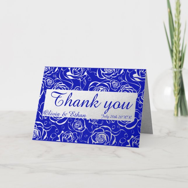 Tarjeta De Agradecimiento Rosas de plata de clase en azul real (Anverso)