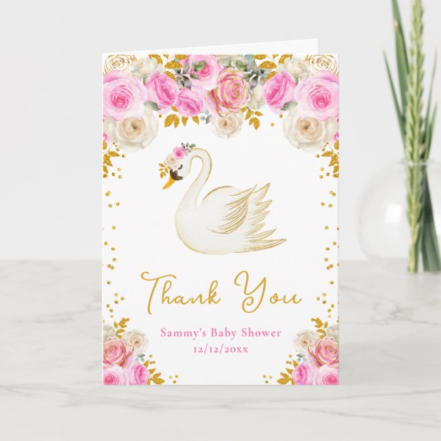 Tarjeta De Agradecimiento Rosas de Swan Pink y Gold Baby Shower Gracias (Anverso)
