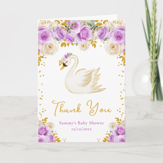 Tarjeta De Agradecimiento Rosas de Swan Purple y Gold Baby Shower Gracias (Anverso)