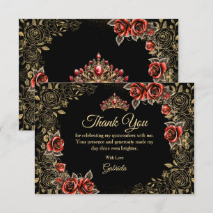 Tarjeta De Agradecimiento Rosas de Tiara Dorada Quinceañera Negras y Rojas