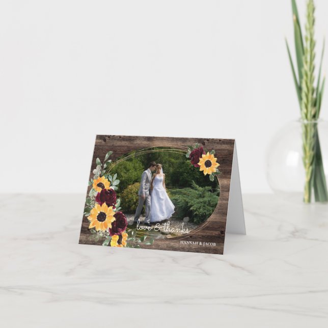 Tarjeta De Agradecimiento Rosas del girasol Boda Rustic Wood Foto (Anverso)