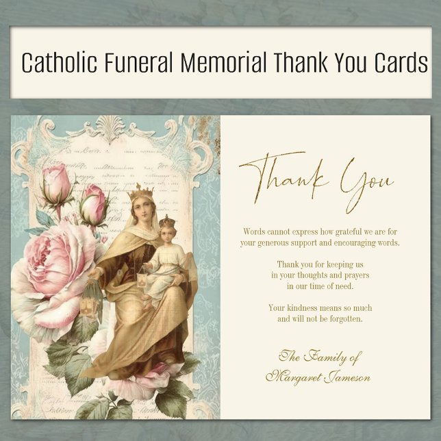 Tarjeta De Agradecimiento Rosas del Monumento al Carmelo (Traditional Catholic Our Lady of Mount Carmel with roses funeral memorial thank you cards)