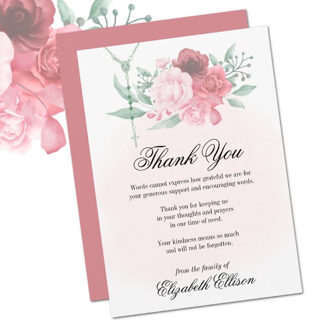 Tarjeta De Agradecimiento Rosas del Rosario del Funeral de Solidaridad (Traditional Catholic Funeral Memorial Thank You  Card)