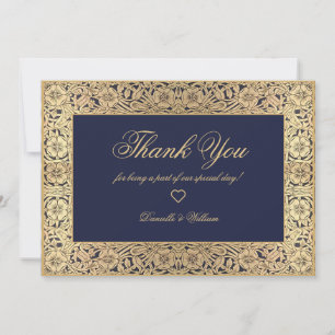 Tarjeta De Agradecimiento Rosas doradas azul marino Vintage Caligrafía Bodas