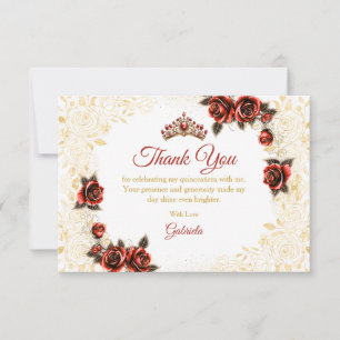 Tarjeta De Agradecimiento Rosas doradas del tiara rojas Quinceañera