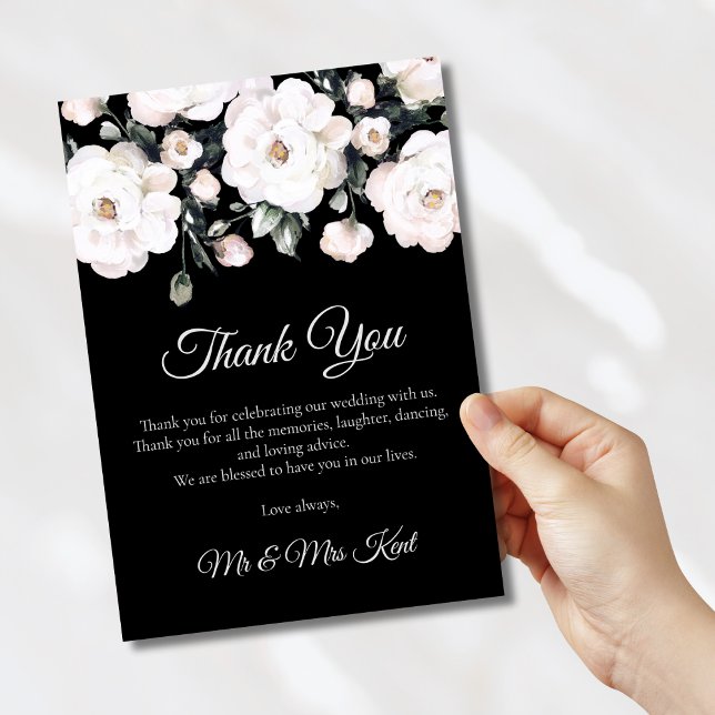 Tarjeta De Agradecimiento Rosas elegantes Boda floral blanco negro (Subido por el creador)