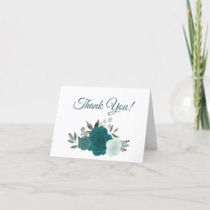 Tarjeta De Agradecimiento Rosas Elegantes de Acuarela en Verde Azulado Boda 