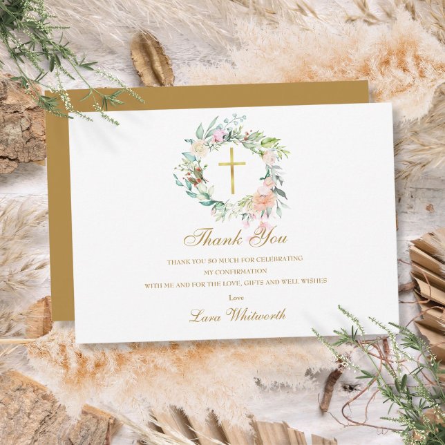 Tarjeta De Agradecimiento Rosas Floral Garland Confirmación Gold Script (Roses Floral Garland Confirmation Gold Script Thank You Card)