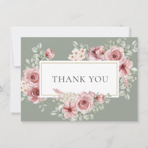 Tarjeta De Agradecimiento Rosas Floral Salvia Verde Dorado Geométrico