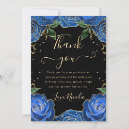 Tarjeta De Agradecimiento Rosas Florales Azules y Doradas Cumpleaños