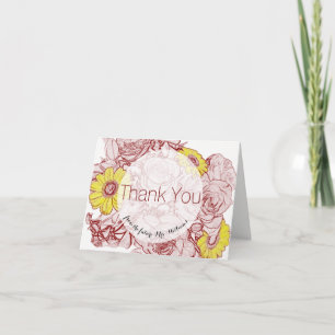 Tarjeta De Agradecimiento Rosas florales Daisies Terra Cotta Esboza Bouquet