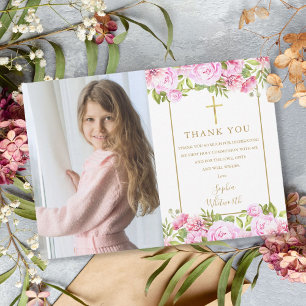 Tarjeta De Agradecimiento Rosas Florales de Primera Comunión Foto
