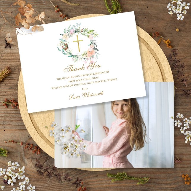 Tarjeta De Agradecimiento Rosas Florales Foto Oro Primera Comunión (First Holy Communion Roses Floral Photo Gold Thank You Card)