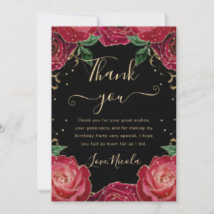 Tarjeta De Agradecimiento Rosas Florales Rojas y Doradas Cumpleaños