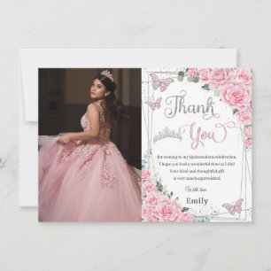 Tarjeta De Agradecimiento Rosas Florales Rosa Mariposa Dulce 16 Quinceañera
