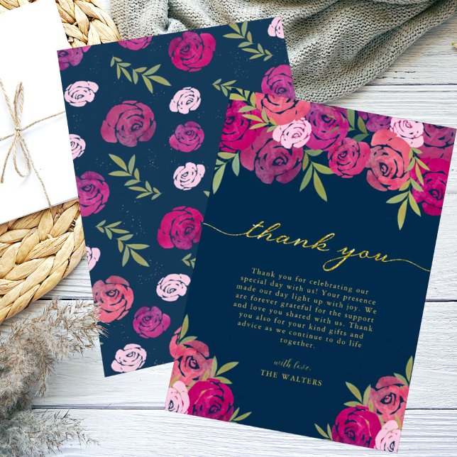 Tarjeta De Agradecimiento Rosas florales rosados y morados dejan Boda azul (Subido por el creador)