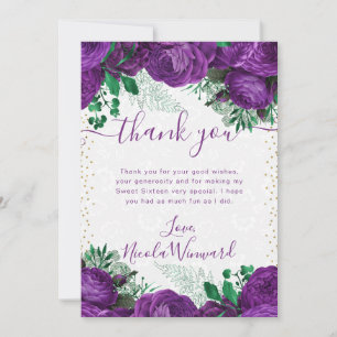 Tarjeta De Agradecimiento Rosas Flores Glam Purpura Acuarela Cumpleaños 16