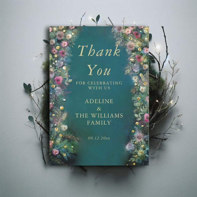 Tarjeta De Agradecimiento Rosas forestales encantados Verdor Dulce mágico 16 (enchanted forest sweet 16 wild roses thank you card emerald green gold elegant modern typography)
