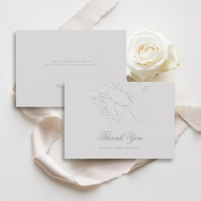Tarjeta De Agradecimiento Rosas Grabados en relieve de imitación Boda formal (formal wedding thank you card traditional calligraphy ivory faux embossed roses modern classic)