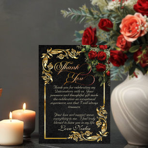 Tarjeta De Agradecimiento Rosas, Hojas Doradas y Tiara - Quinceañera Negra