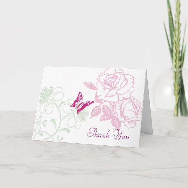 Tarjeta De Agradecimiento Rosas ilustrados y mariposa casada en el jardín (Anverso)