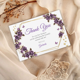 Tarjeta De Agradecimiento Rosas Mariposas Quinceañera Tiara Dorada Púrpura