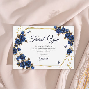 Tarjeta De Agradecimiento Rosas Mariposas Tiara Quinceañera Azul Marino Dora