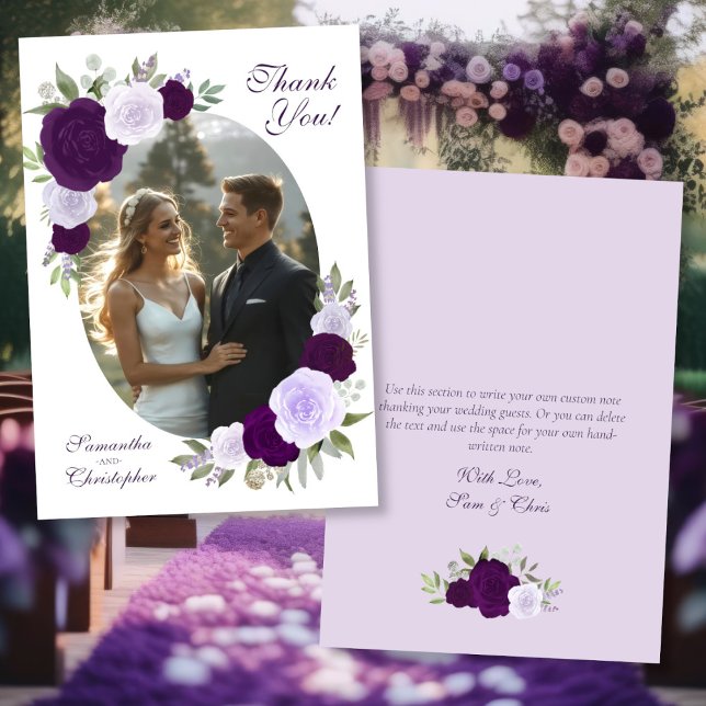Tarjeta De Agradecimiento Rosas morados Oval Photo Writable Back Boda (Front/Back)